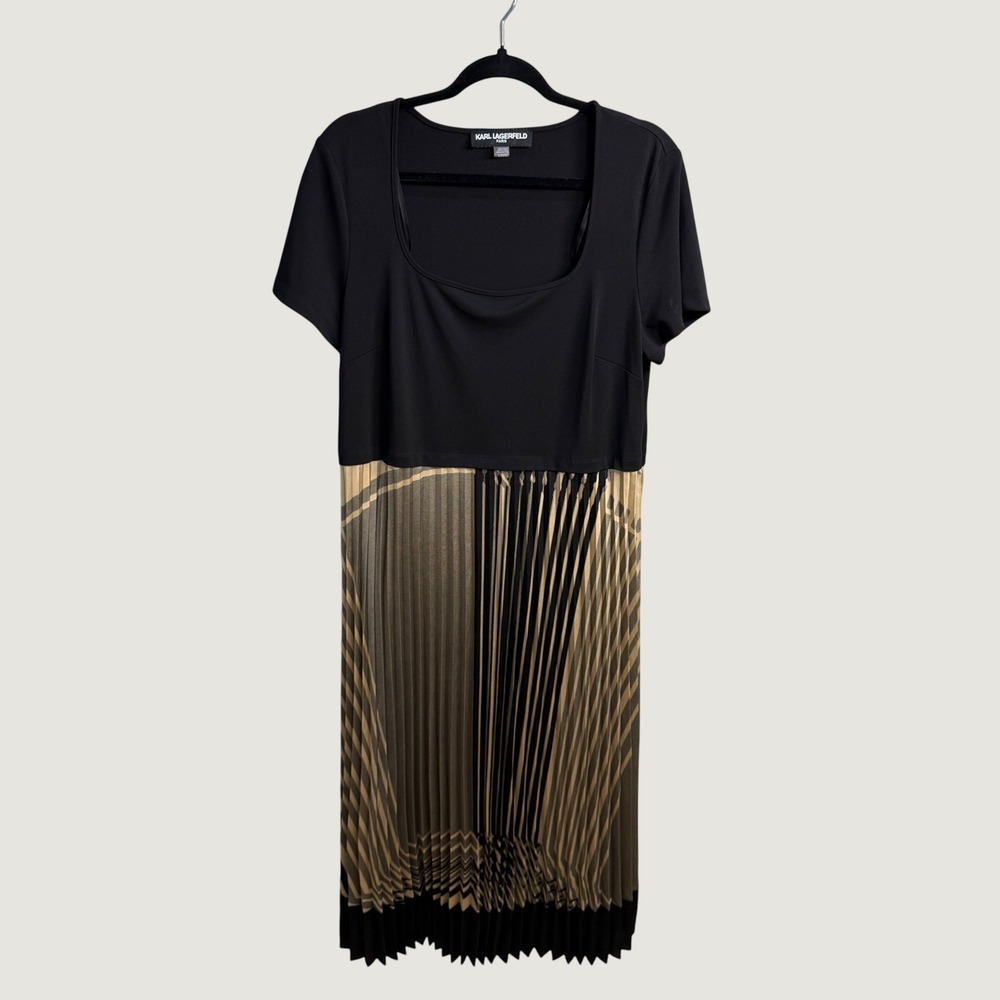 Karl Lagerfeld Paris Womens XL Black Gold Pleated Midi Fit & Flare Parisian Glam